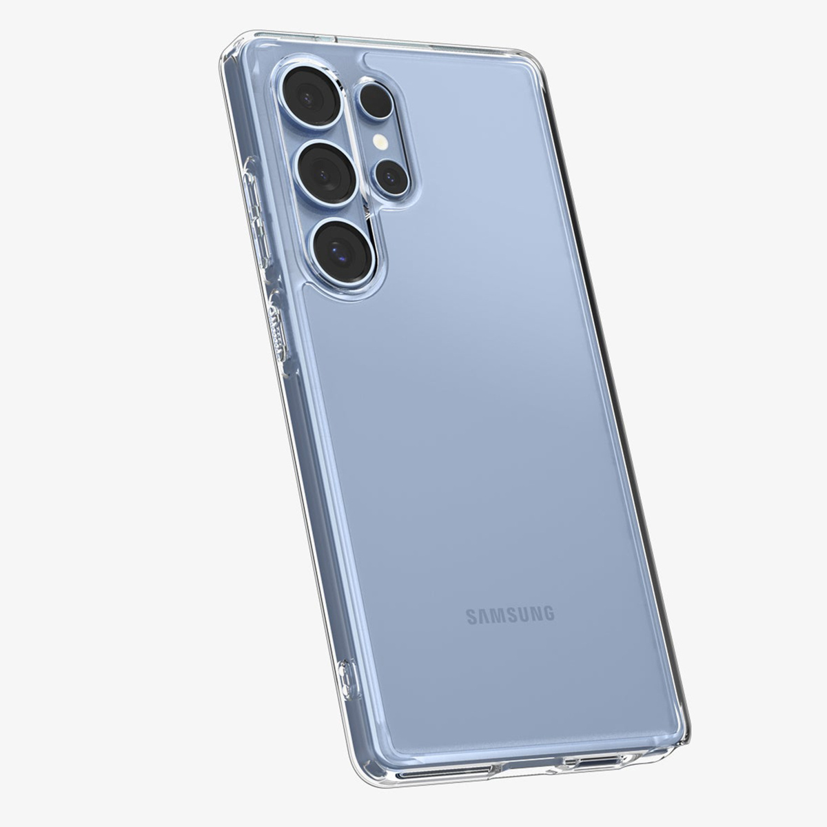 Un téléphone bleu clair dans une coque transparente. La caméra est visible. Fond clair.