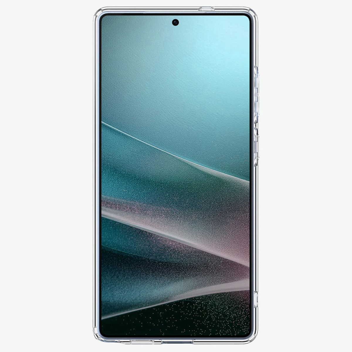 Un téléphone avec une coque transparente. L'écran affiche un motif texturé bleu et vert. Fond blanc.