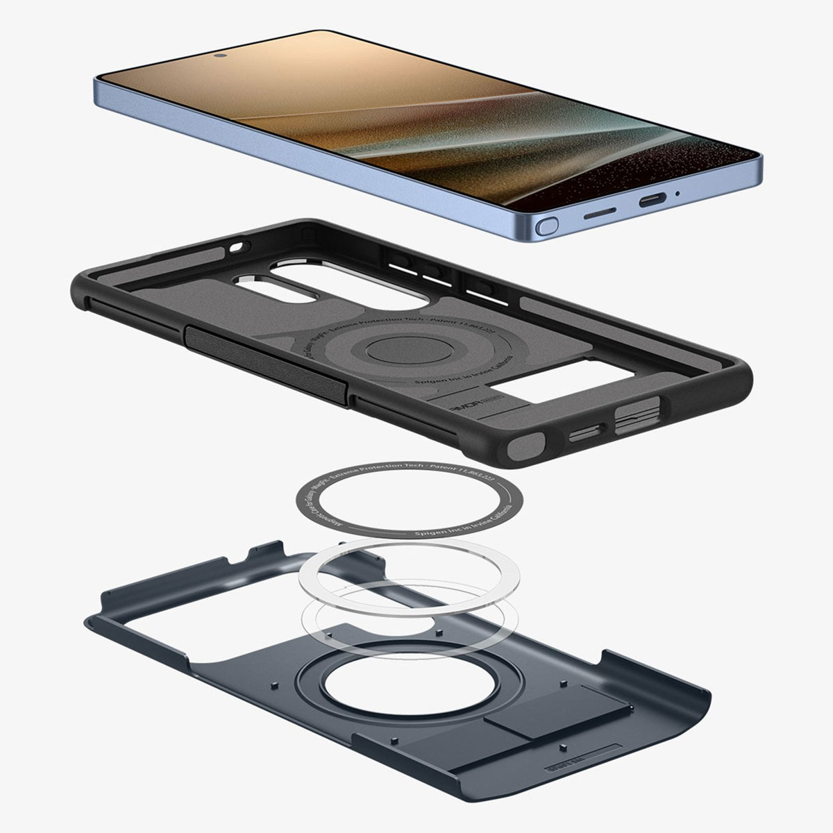 Telefooncomponenten: telefoon, hoesje en een ring.