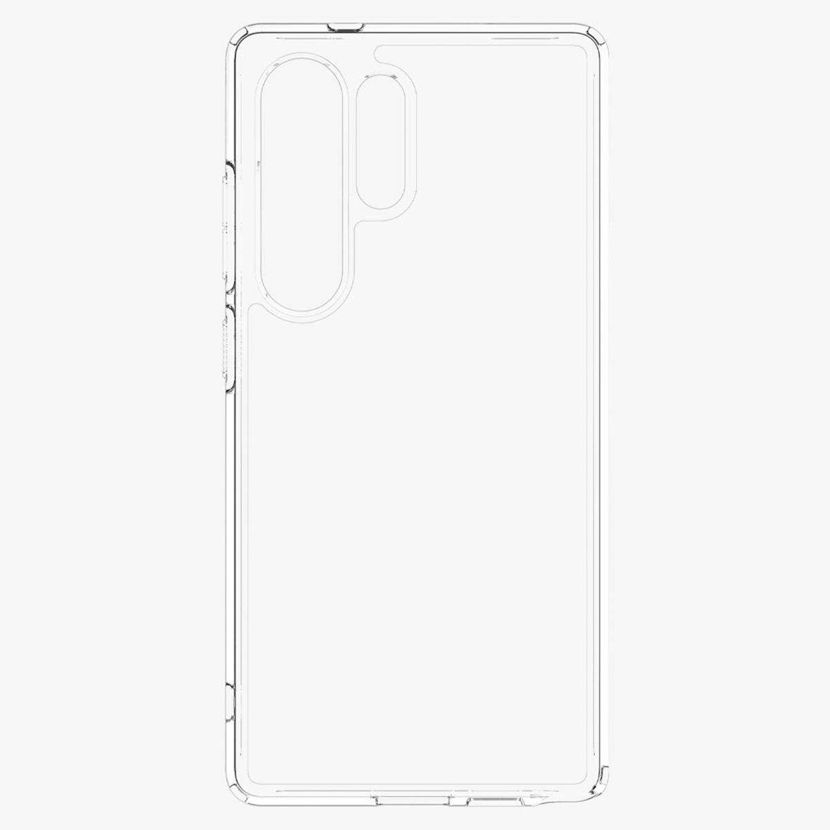 Contour d'une coque de téléphone transparente sur fond blanc. Comprend des découpes pour la caméra et les boutons.