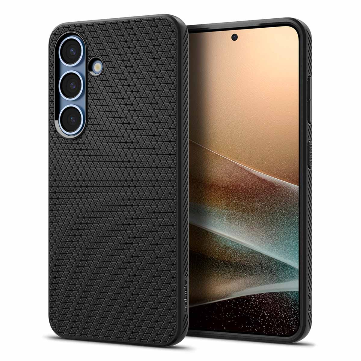 Coque de téléphone noire avec un design texturé, à côté d'un téléphone montrant son écran sur fond blanc.
