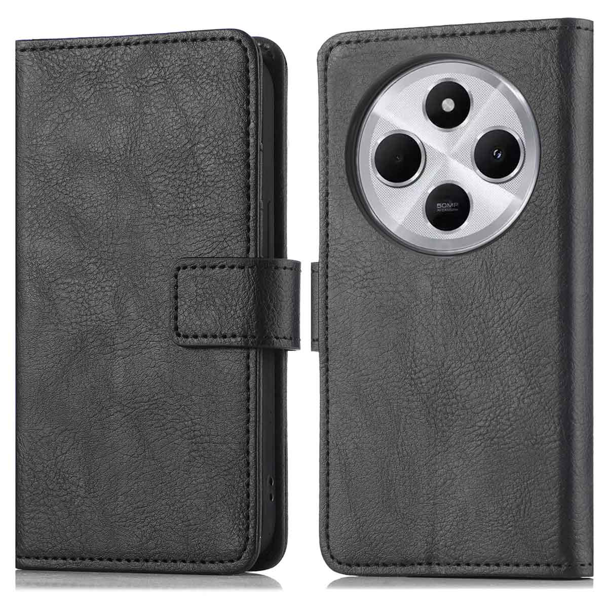 Zwarte leren telefoonhoes, open, met camera. De hoes is getextureerd.