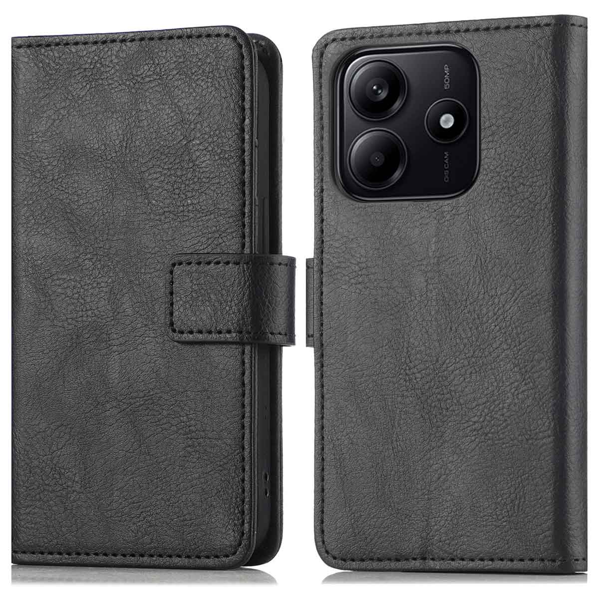 Zwarte leren telefoonhoes, gesloten en open, met cameralenzen en telefooninterieur.