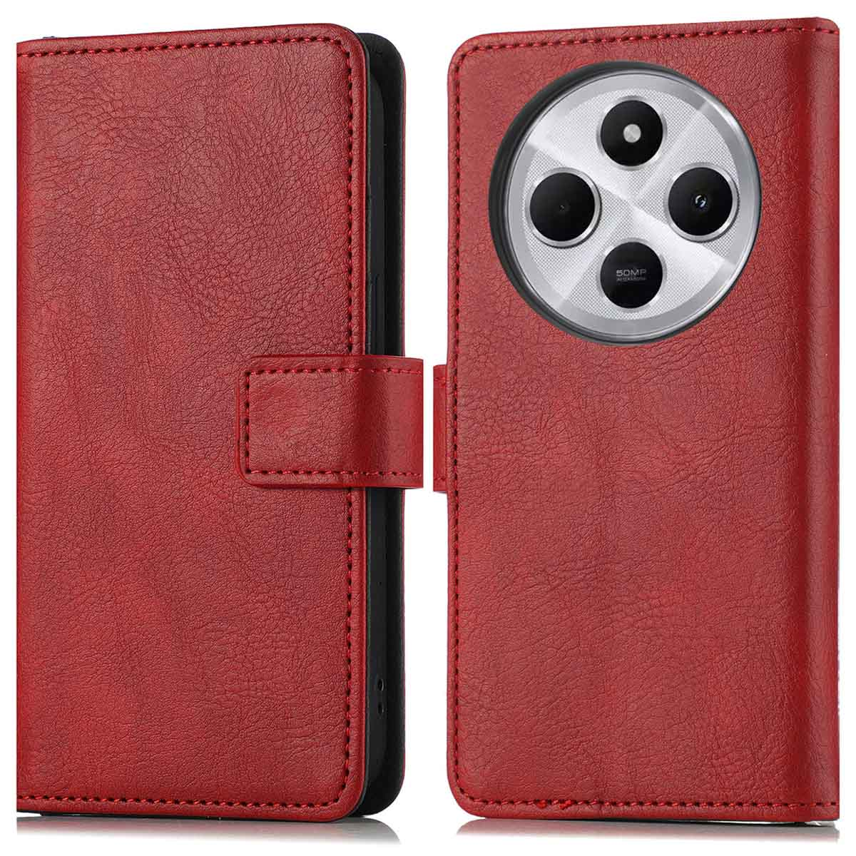 Un étui portefeuille en cuir rouge avec fermeture à fermoir. L'étui a une découpe pour l'appareil photo à l'arrière.