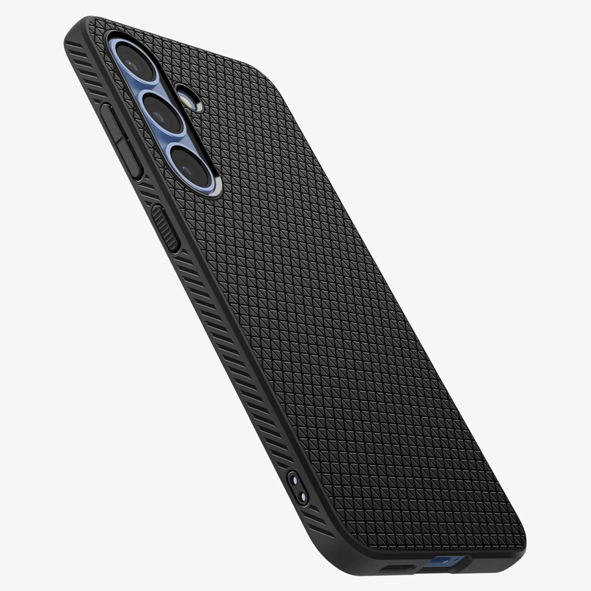 Coque de téléphone noire avec motif texturé et trois objectifs d'appareil photo.