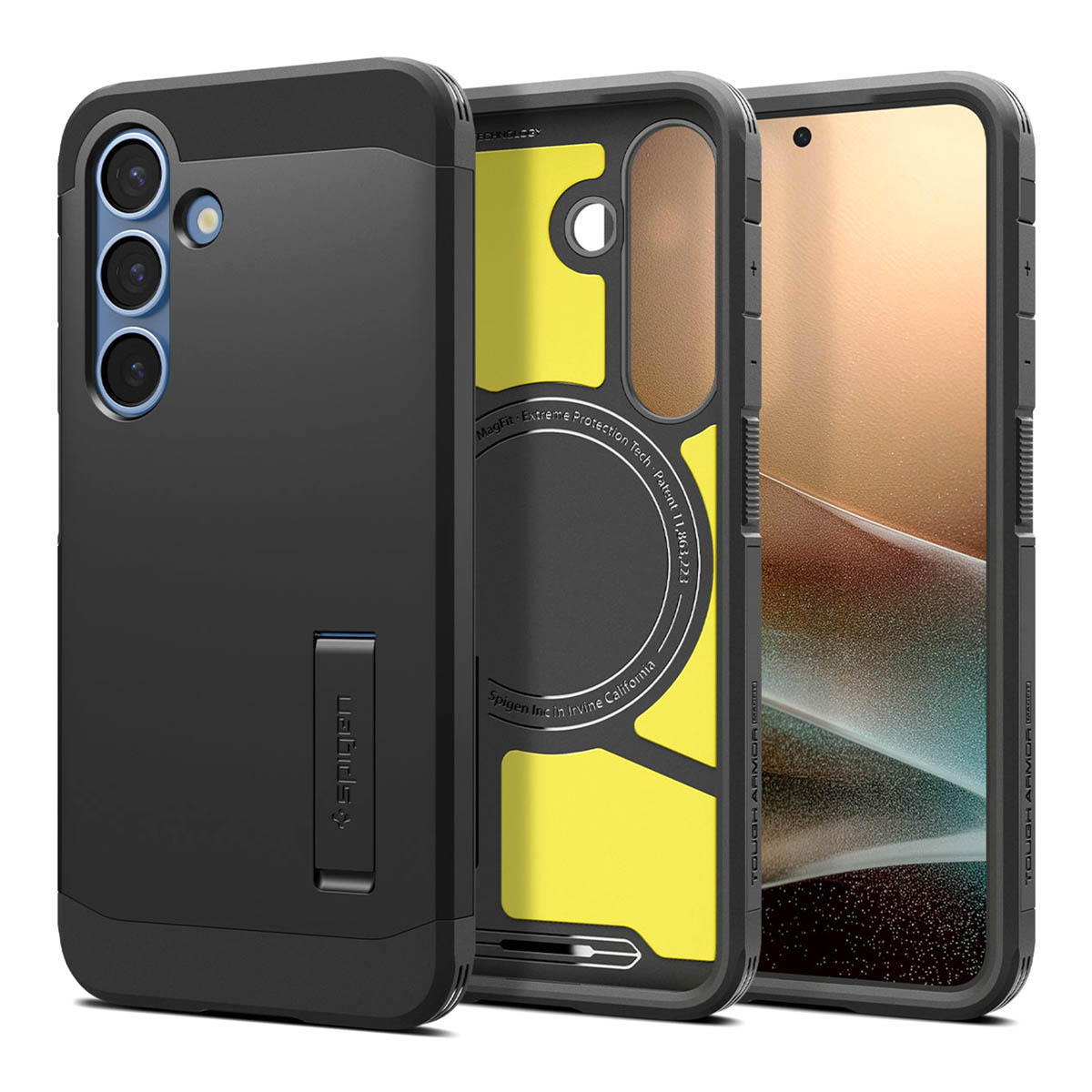 Trois coques de téléphone noires. Intérieur jaune visible dans une. Logo 'Spigen' et téléphone visibles.