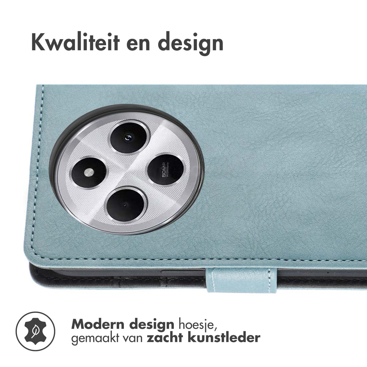 Een lichtblauwe telefoonhoes met telefoon. Tekst: 'Kwaliteit en design'. Moderne design tekst.