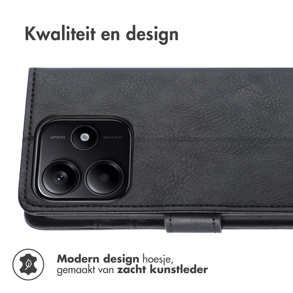Zwarte telefoonhoes met camera. Tekst: Modern design hoesje, gemaakt van zacht kunstleer.