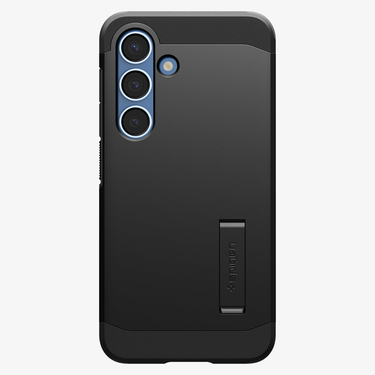 Coque de téléphone noire avec trois objectifs et un support. Logo Spigen visible sur le support.