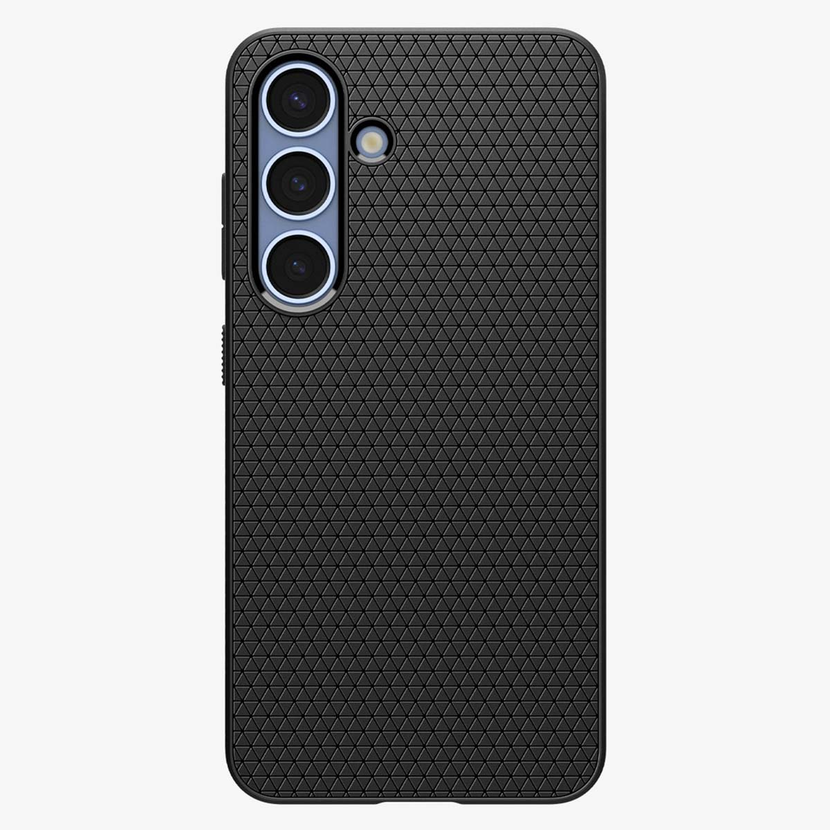 Coque de téléphone noire avec motif texturé, avec trois objectifs de caméra.