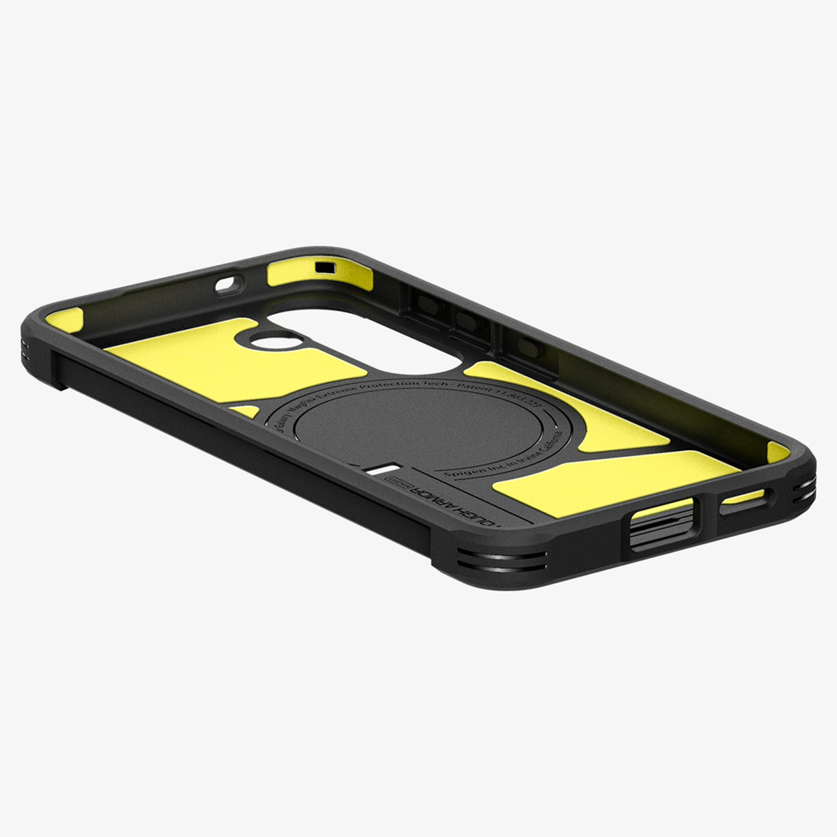 Coque de téléphone noire avec un design intérieur jaune.