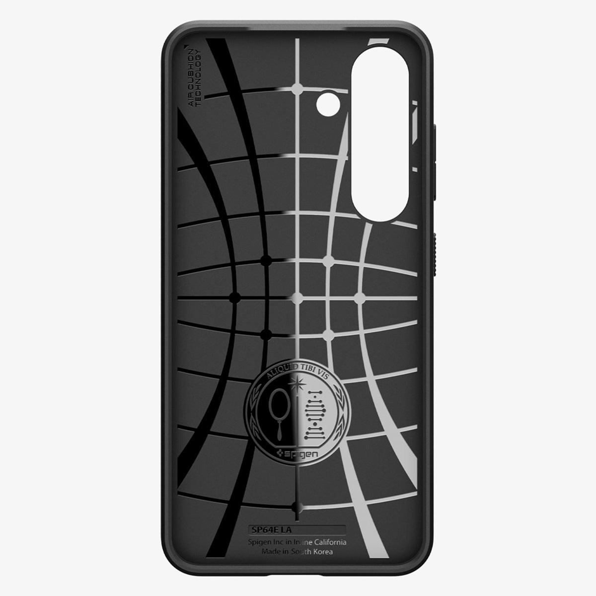 Coque de téléphone noire avec un motif quadrillé, un logo et un trou pour l'appareil photo.