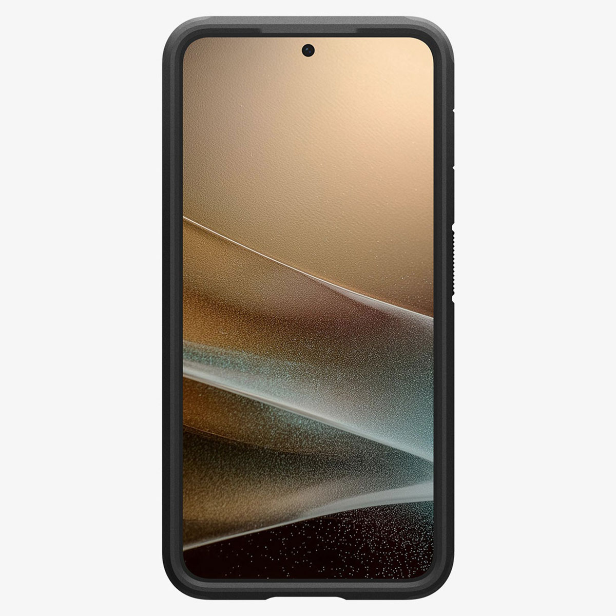 Téléphone noir dans étui noir. Écran allumé, affichant un fond abstrait doré et blanc flou.