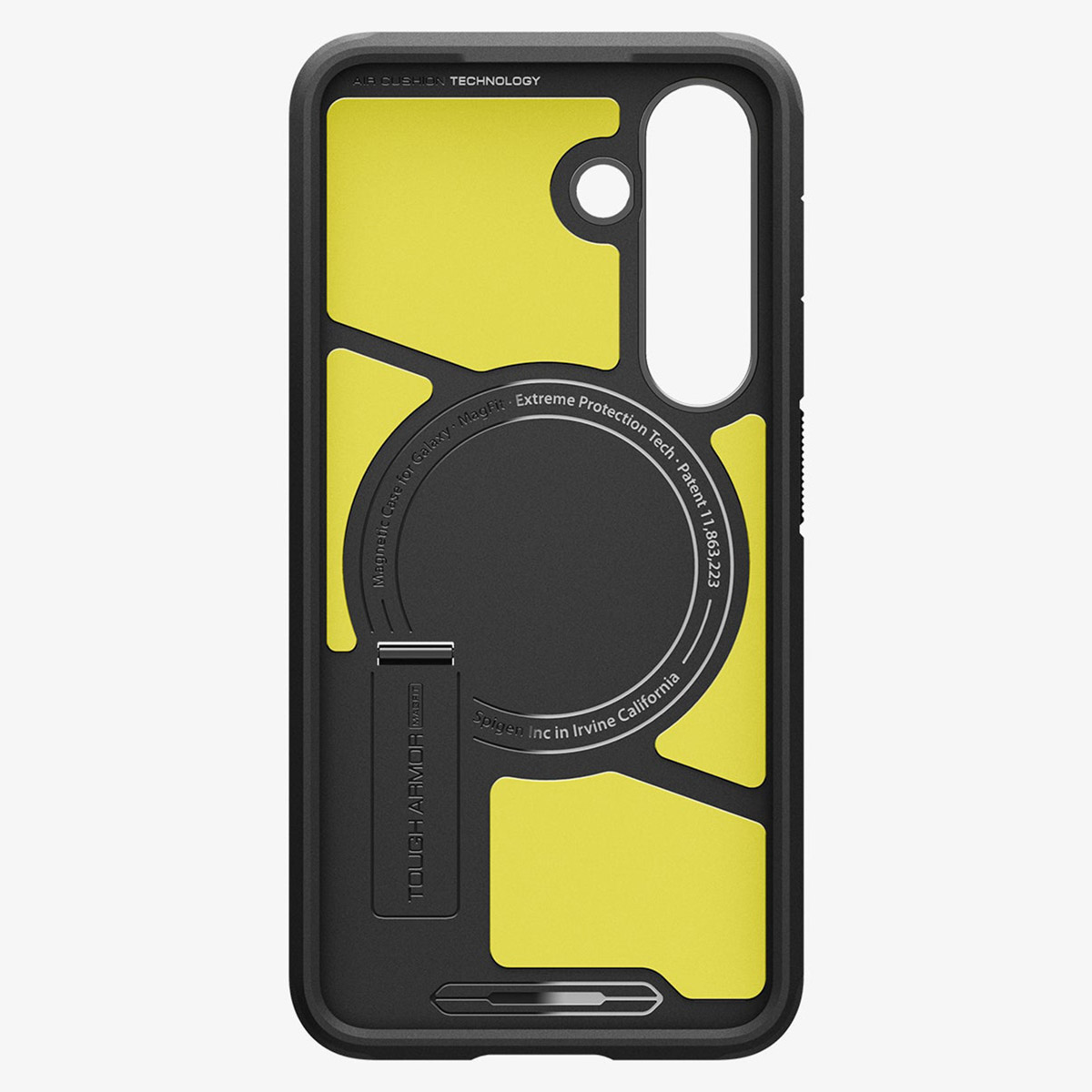Une coque de téléphone noire et jaune. Intérieur jaune et extérieur noir. Texte: 'TOUCH ARMOR'.