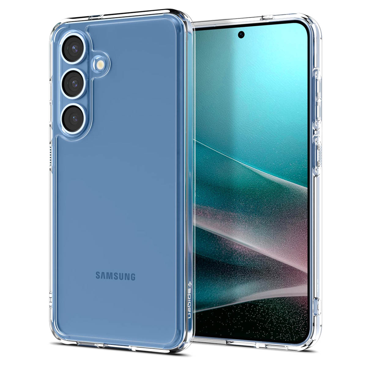 Coque de téléphone transparente sur un téléphone, montrant l'arrière du téléphone avec trois lentilles.