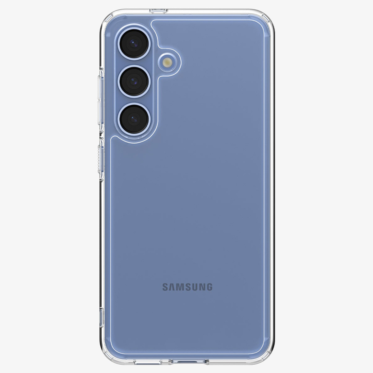 Téléphone bleu avec une coque transparente. Le téléphone a trois caméras et un fond blanc.