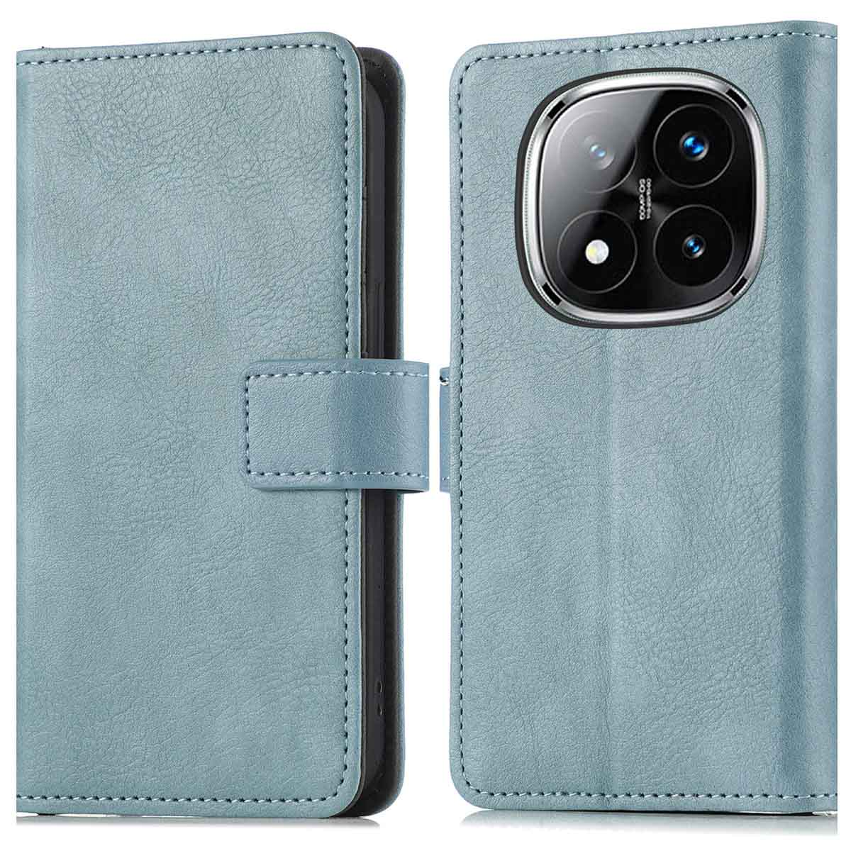 Lichtblauwe telefoonhoes, open, vooraanzicht. Links gesloten, rechts open, telefoon met zichtbare camera's.