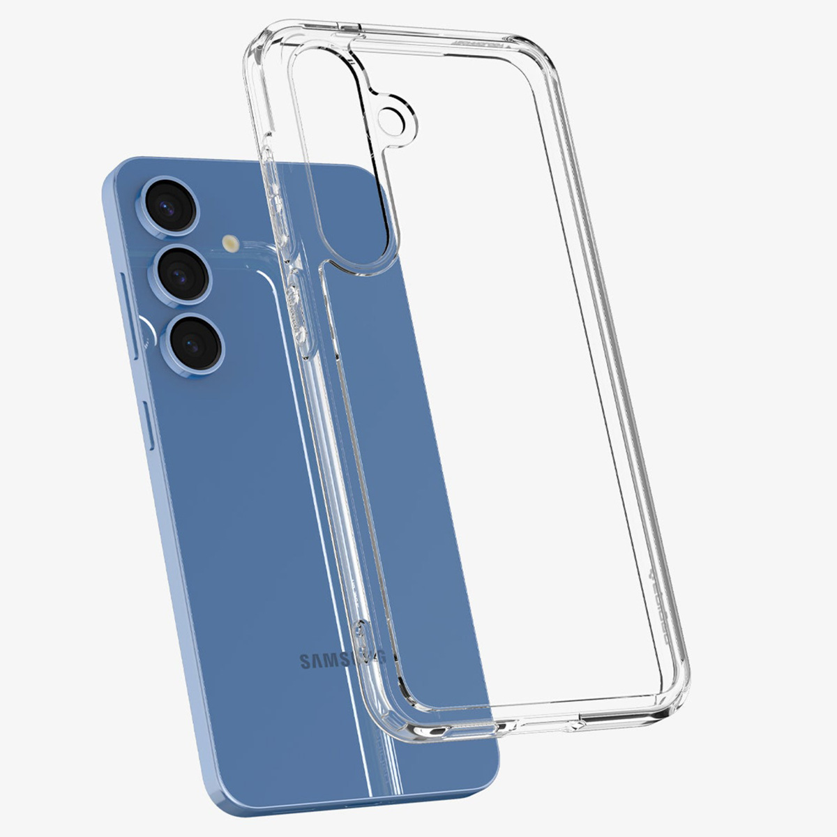 Un smartphone bleu avec une coque transparente. Le téléphone possède trois caméras et une coque transparente.