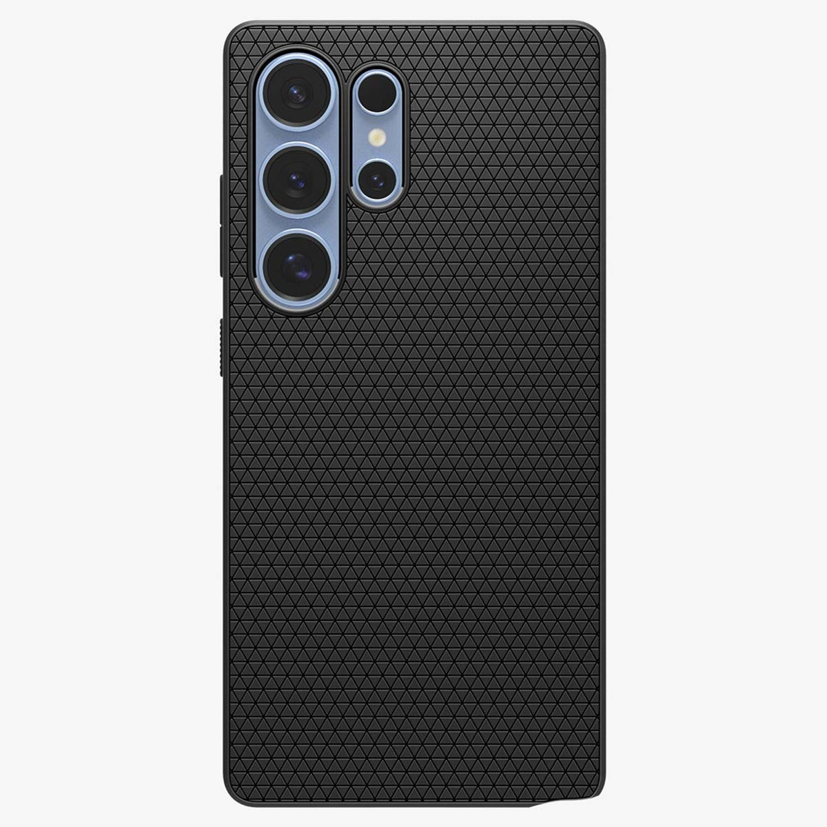 Zwarte telefoonhoes met geometrisch patroon, drie camera's, op witte achtergrond.