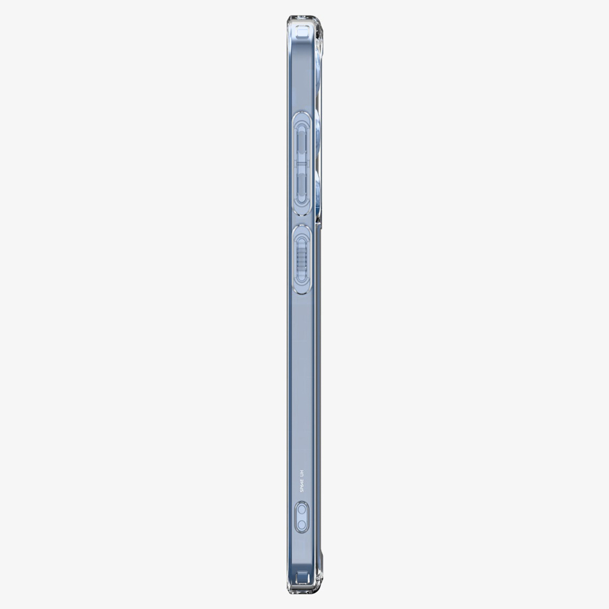 Une coque de téléphone transparente. Elle a des boutons et des ouvertures. La coque a un profil fin.