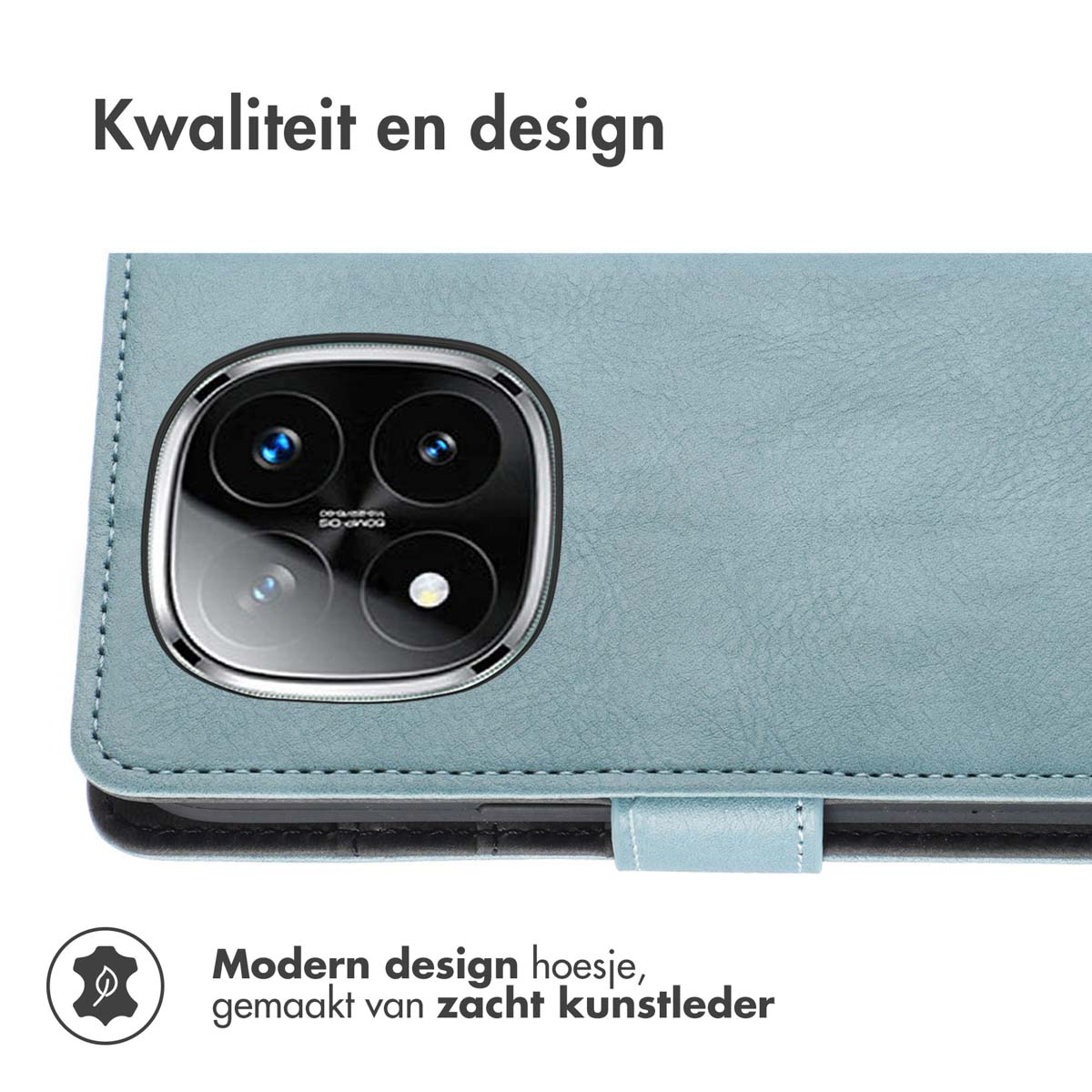 Een blauwe telefoonhoes met een camera-uitsparing en witte tekst: Modern design.