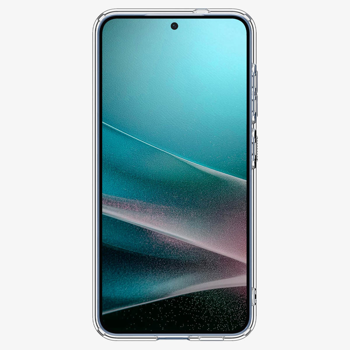 Smartphone dans un étui transparent. L'écran affiche un fond abstrait bleu et violet.