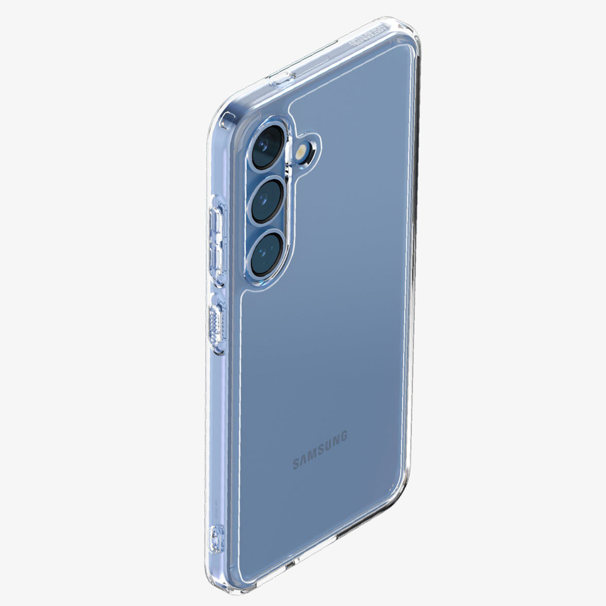 Une coque de téléphone transparente avec un téléphone bleu à l'intérieur.