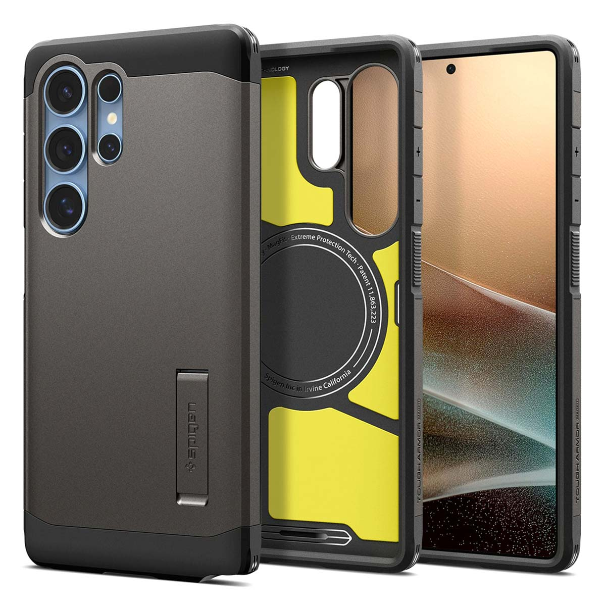 Drie telefoonhoesjes. Twee zijn geassembleerd met een telefoon. De achtergrond is wit.