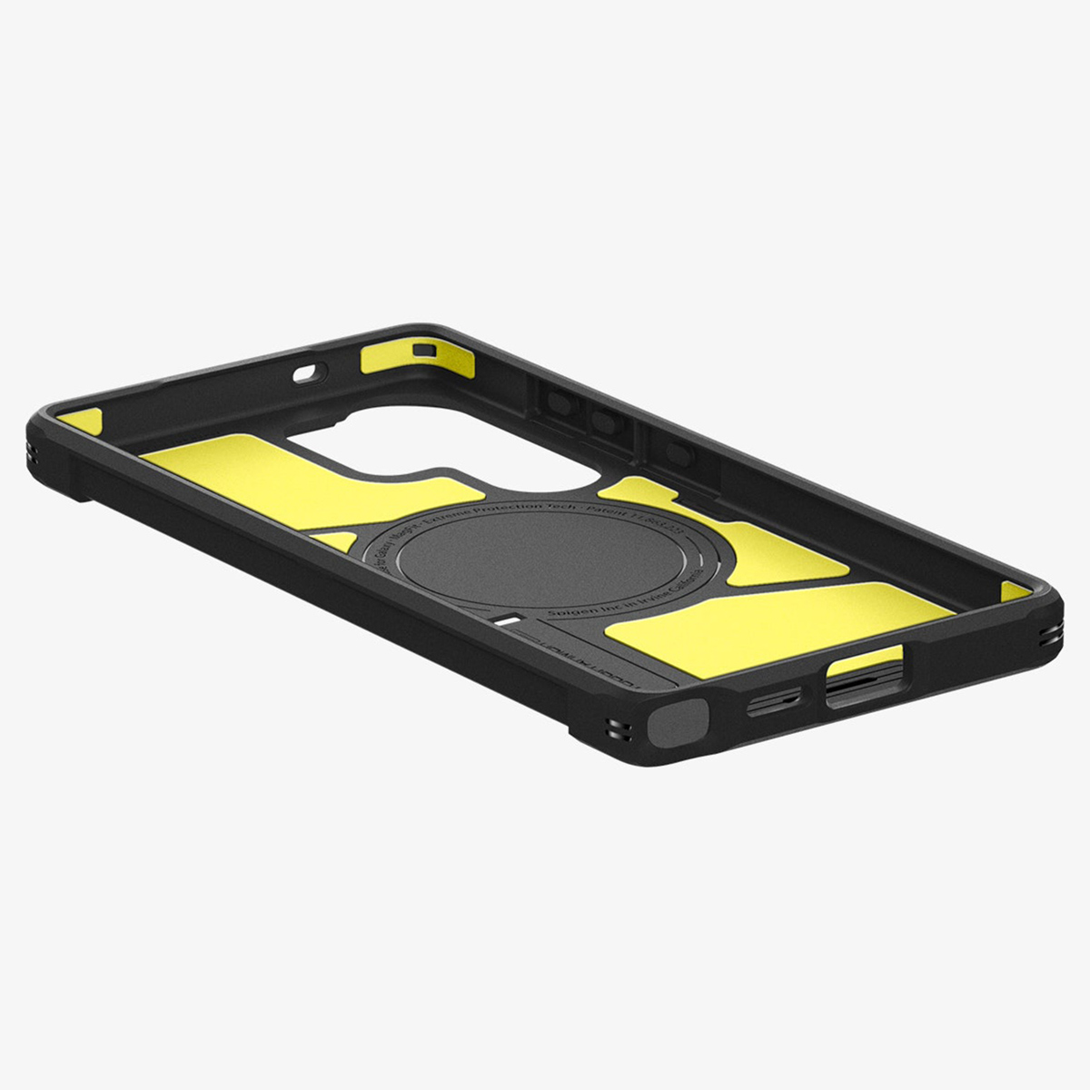 Een zwarte telefoonhoes met gele accenten en een grijze cirkel in het midden.