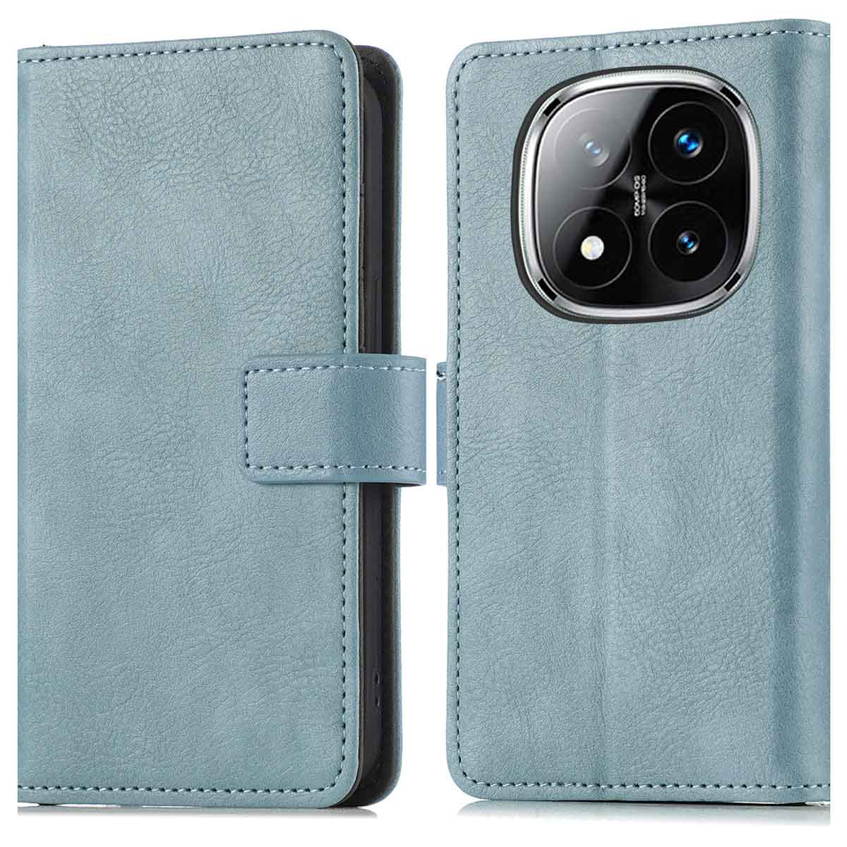 Lichtblauwe leren telefoonhoes, gesloten en open, met cameralenzen.
