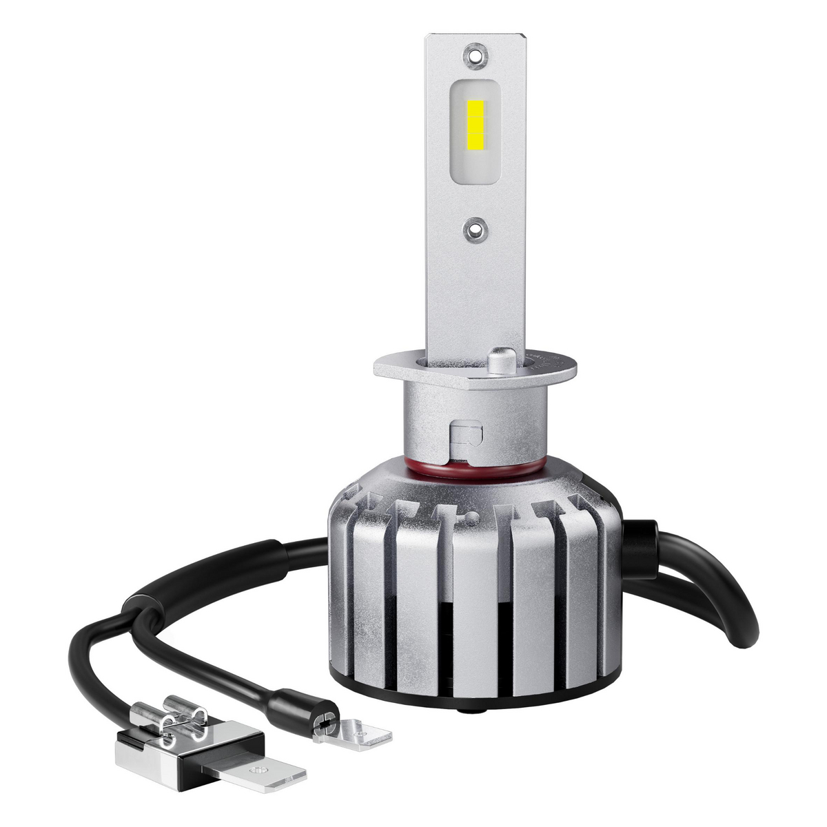Ein silberner LED-Scheinwerfer mit schwarzem Kabel und Steckern für ein Auto.
