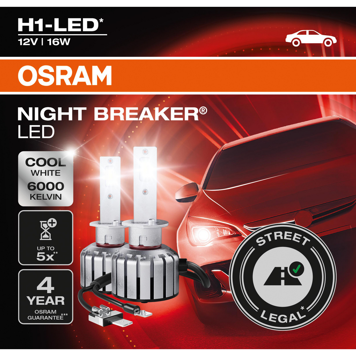 Osram Night Breaker LED-Autolampen mit Autografik und Text.