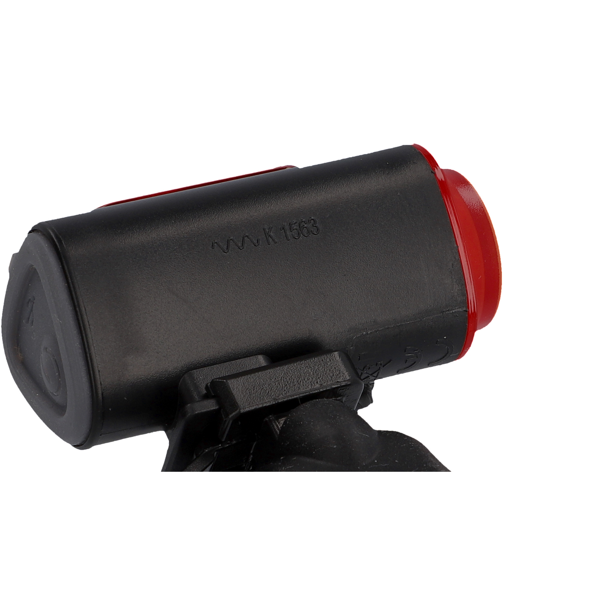 Schwarzes und rotes Fahrradlicht. Schwarzer Körper mit rotem Ende. Text auf der Seite. Weißer Hintergrund.