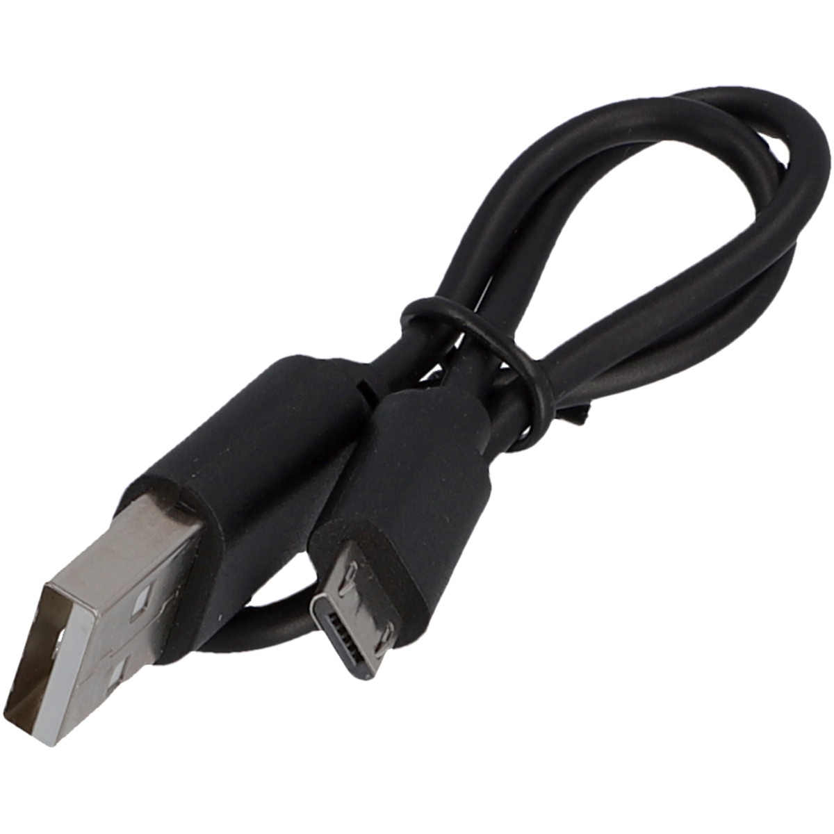 Ein schwarzes USB-Kabel mit einem Standard-USB-Anschluss und einem Micro-USB-Anschluss.