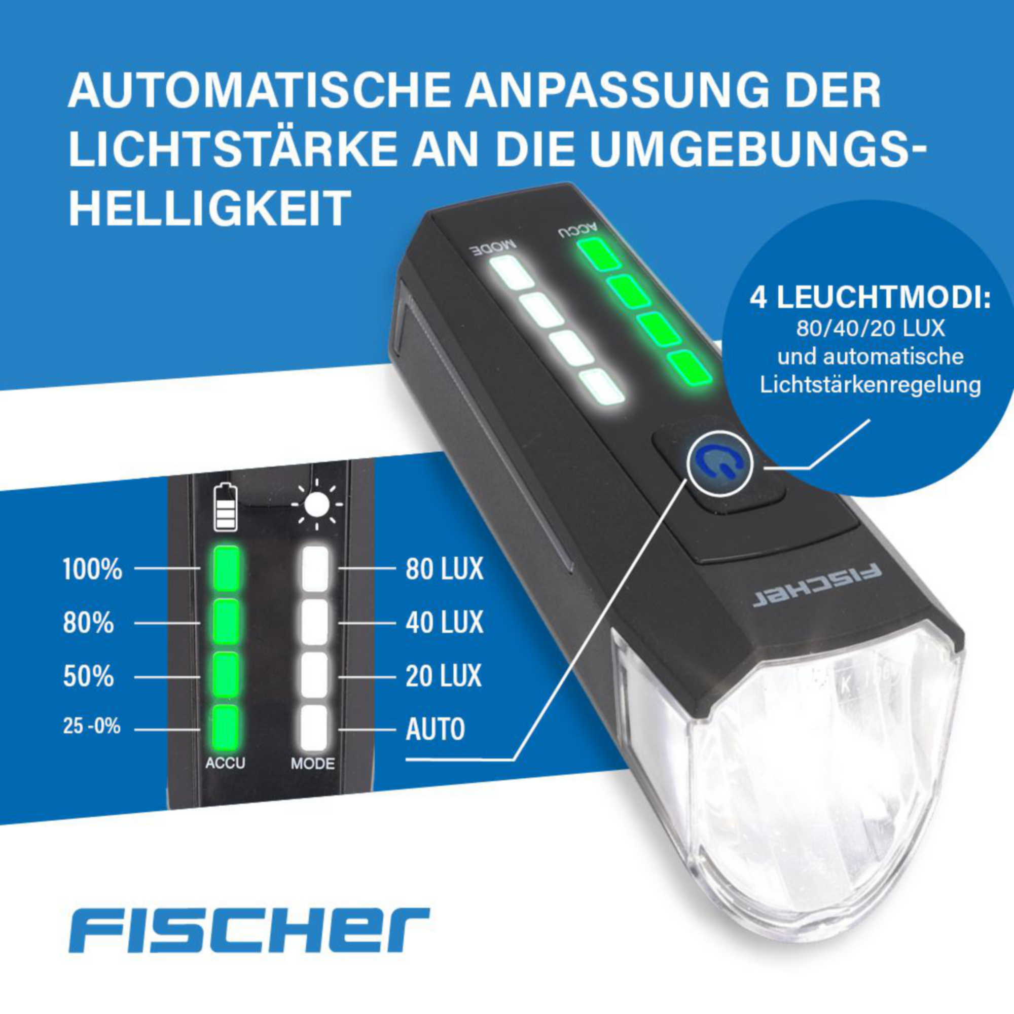 Schwarzes Fahrradlicht mit Batterie- und Modusanzeigen.