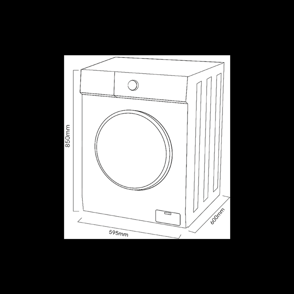 Dibujo lineal de lavadora con dimensiones: 850mm altura, 595mm ancho y 600mm profundidad.