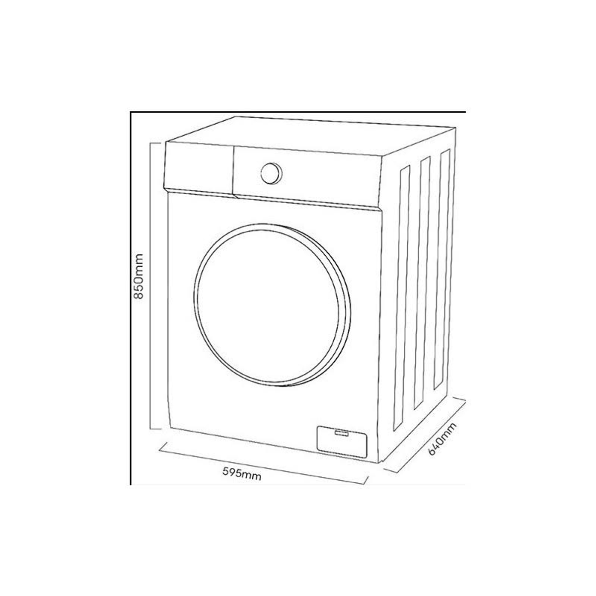 Dibujo lineal de una lavadora con dimensiones: 850x595x640mm. Fondo blanco.