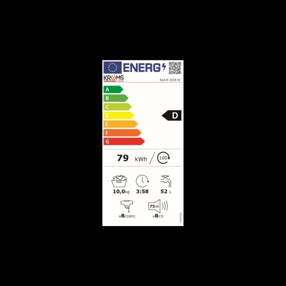 Etiqueta energética de lavadora con calificación D, muestra detalles sobre consumo y uso de agua.