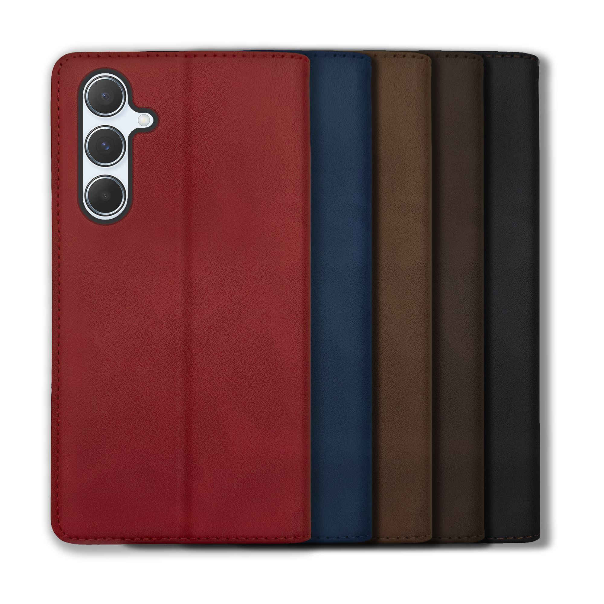 Mehrere Handyhüllen in verschiedenen Farben: rot, blau, braun und schwarz.