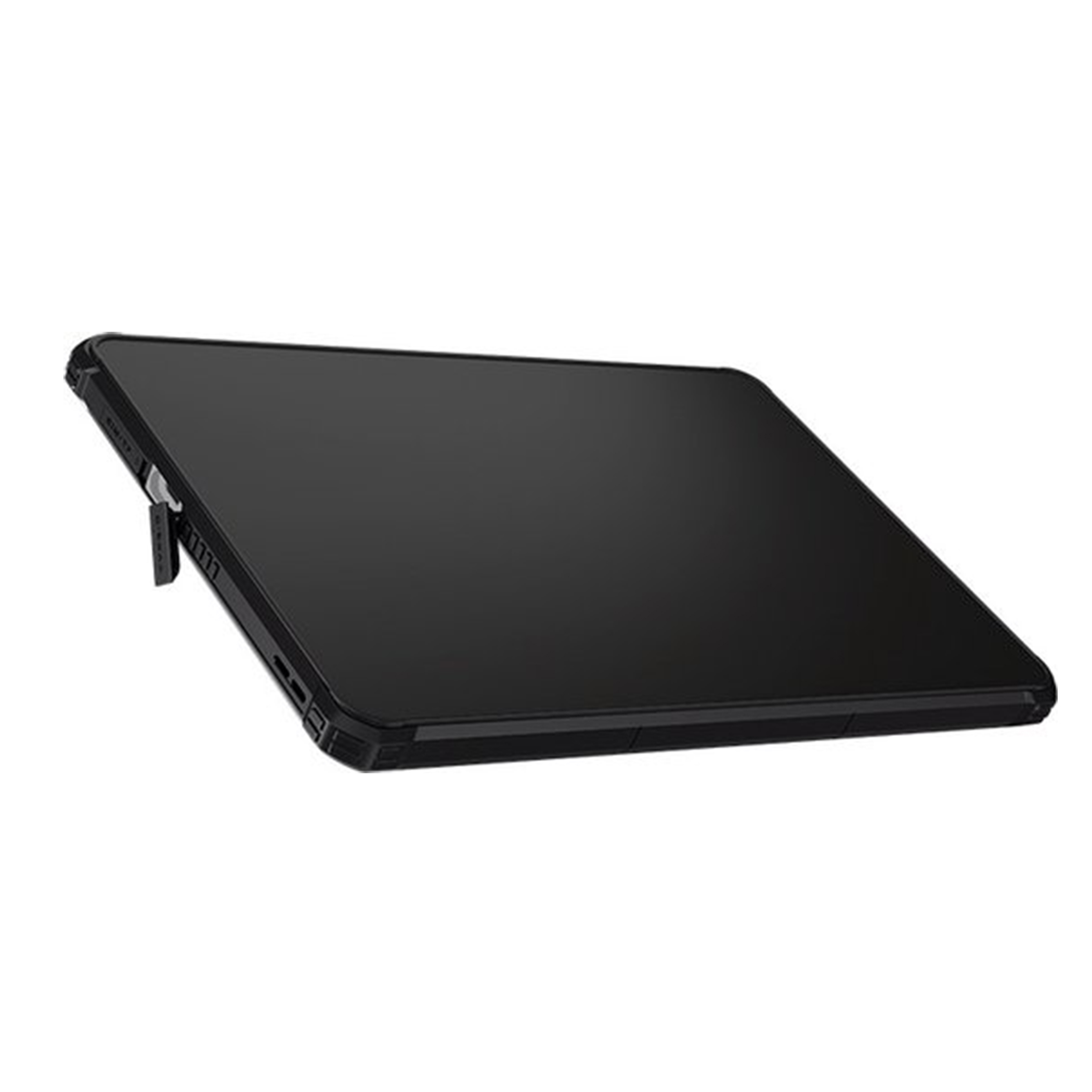 Czarny tablet z podpórką, lekko uniesiony do góry na białej powierzchni.