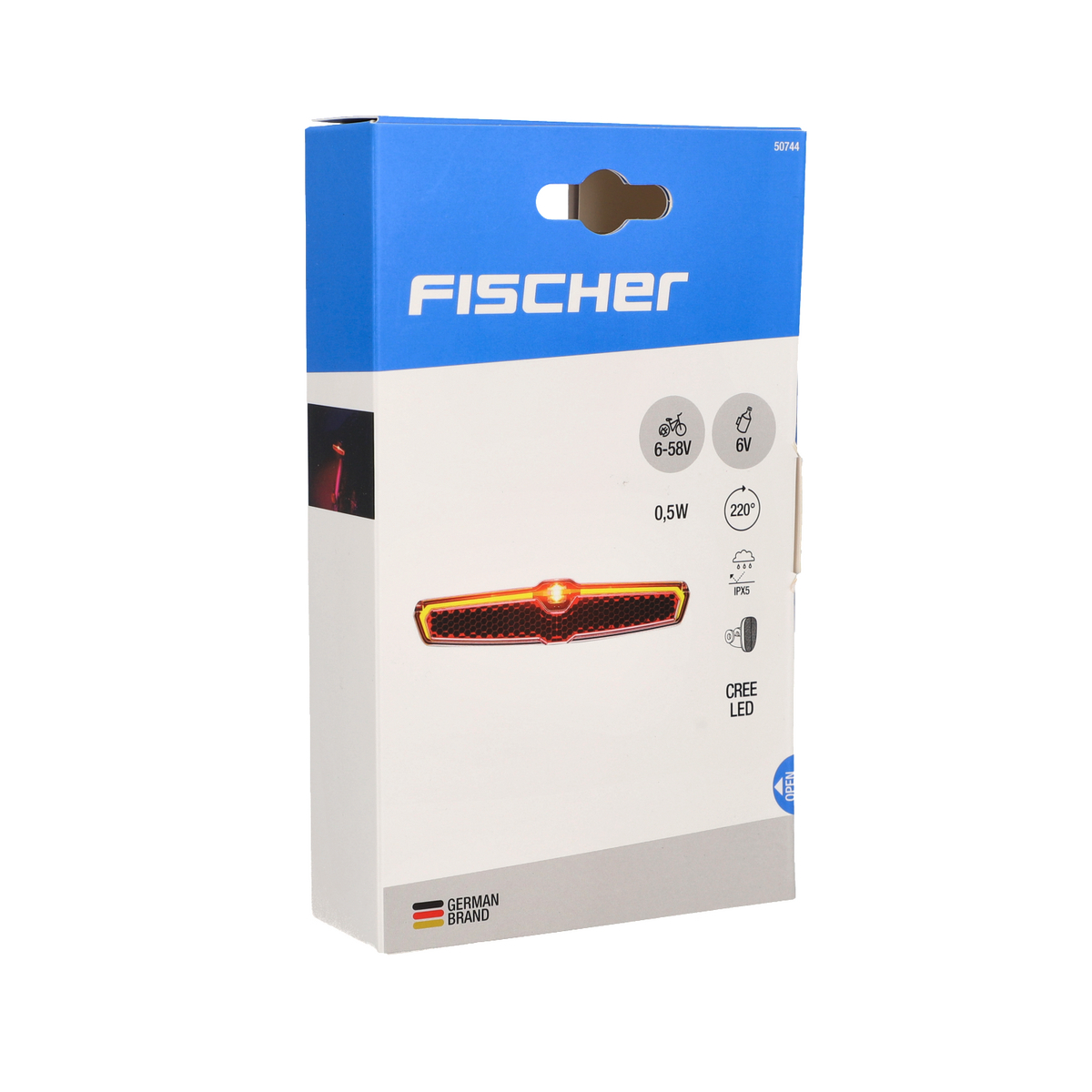 Ein Fahrrad-Rücklicht in einer Box. Die Box ist weiß, blau mit einem roten Licht an der Vorderseite.