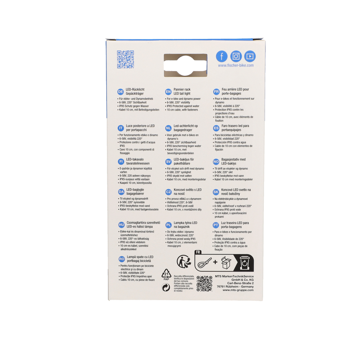 Verpackung mit mehreren Sprachen, enthält einen QR-Code und Social-Media-Symbole für ein Fahrradlicht.