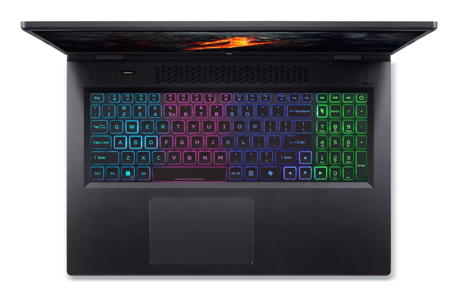 Draufsicht auf eine Gaming-Laptop-Tastatur mit farbig beleuchteten Tasten.