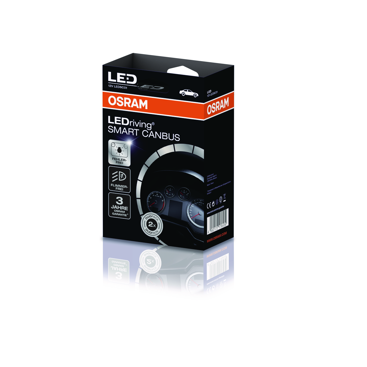 Eine Osram LED Smart Canbus Box mit Produktdetails auf weißem Hintergrund mit Reflexion.