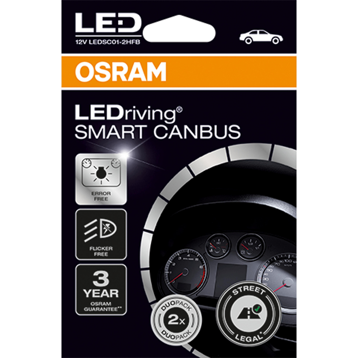 OSRAM LEDriving Smart Canbus Autolampenverpackung. Eigenschaften: Fehlerfrei und flimmerfrei.