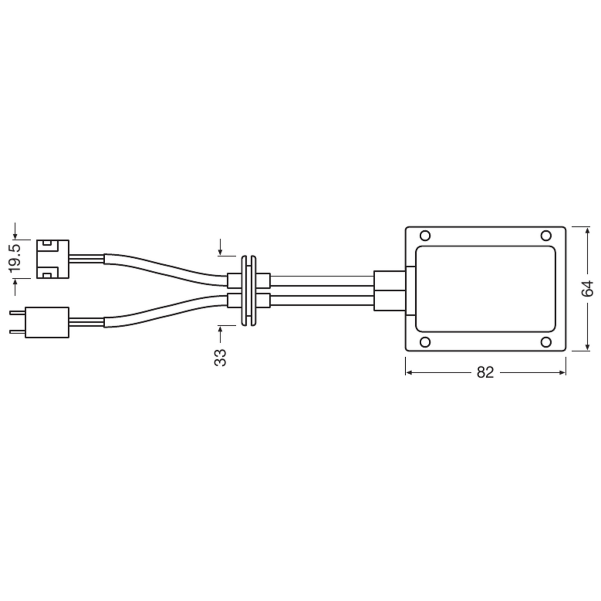 Diagramm eines Geräts mit Abmessungen und Anschlüssen.
