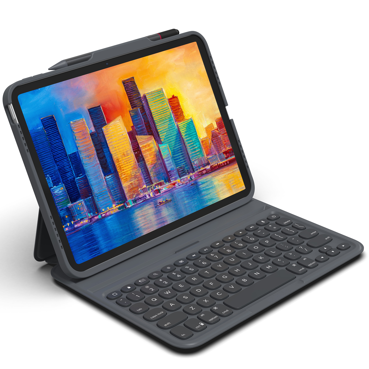 Tablet with keyboard case, pen attached. Screen shows a cityscape.