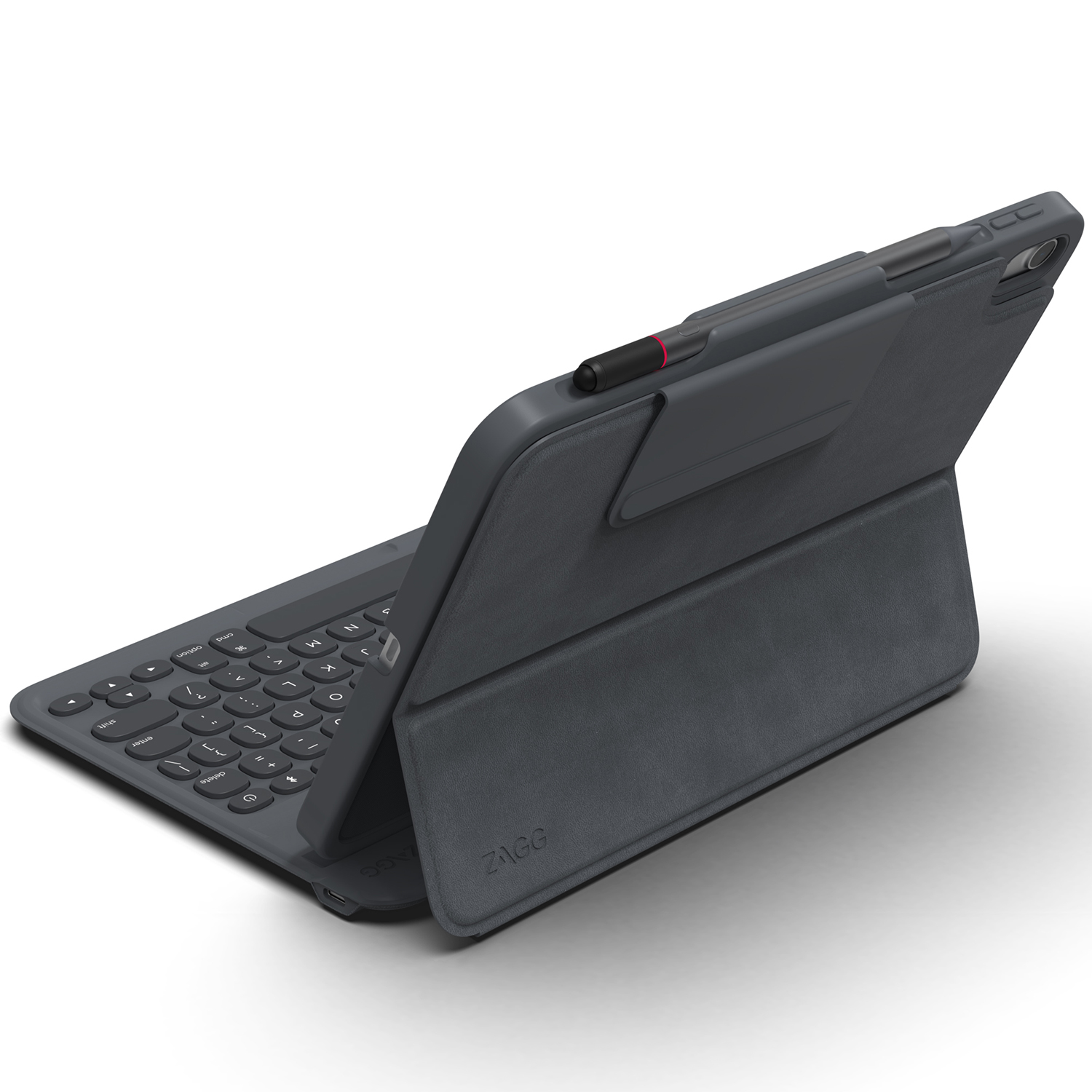 Gray tablet with keyboard case. A black pen is attached. The screen is open and angled.