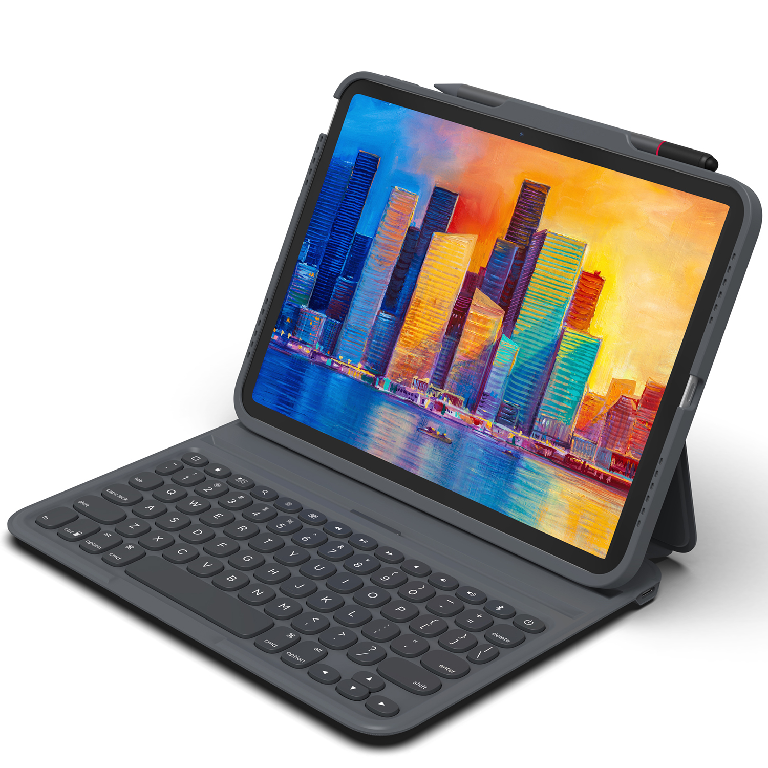 Tablet with keyboard case, on a white background. The screen shows a cityscape.