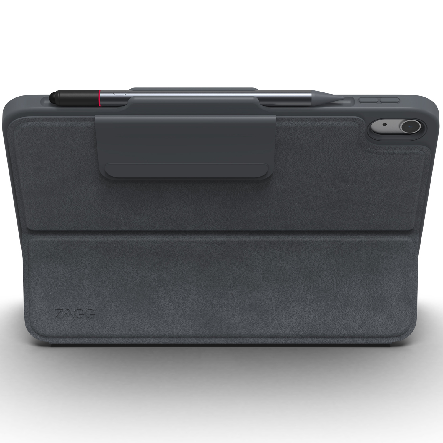 A tablet with case and pen. Case is closed, dark gray with ZAGG logo.
